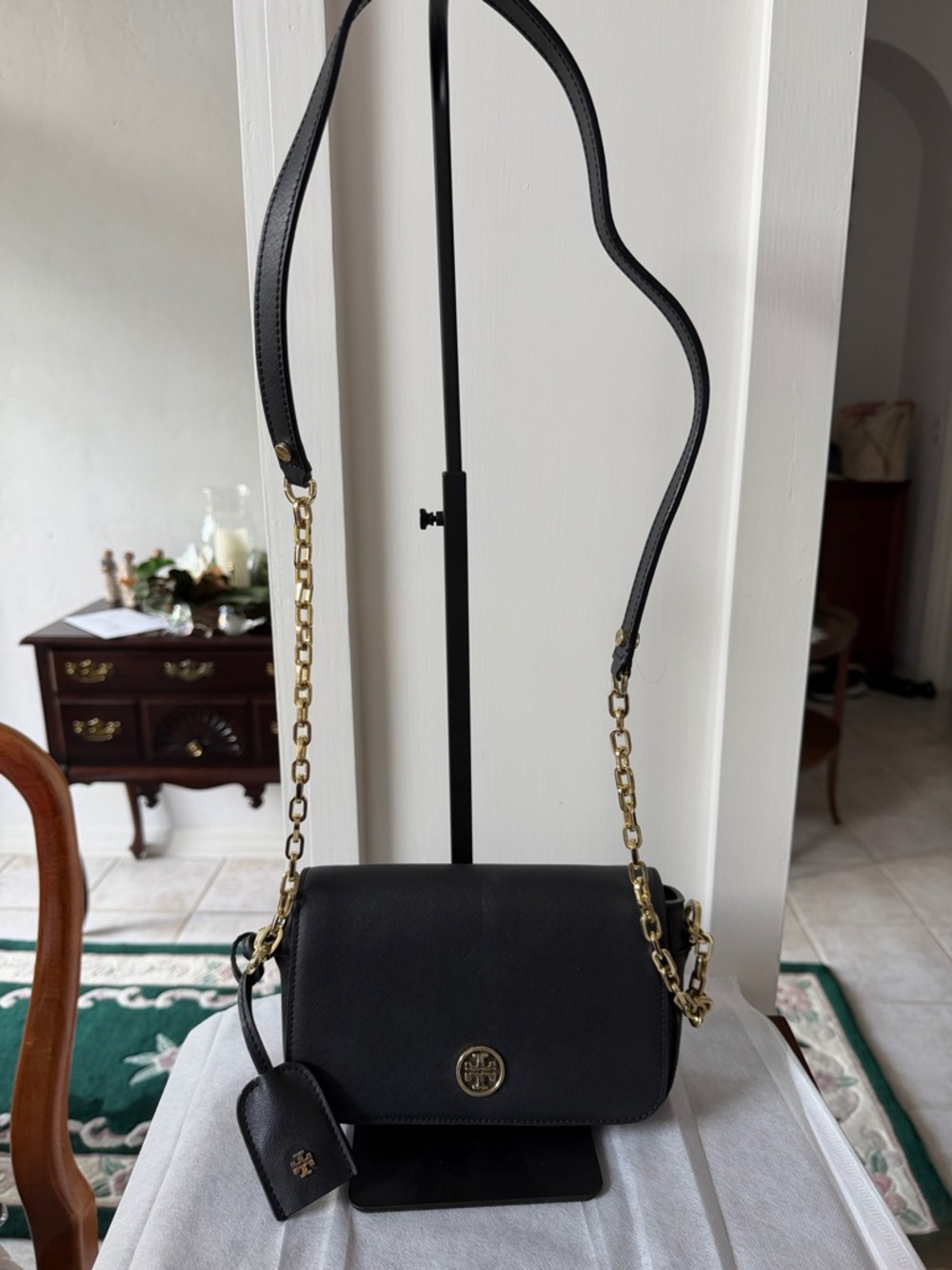 Tory Burch Black Leather Crossbody with Gold Chain Strap